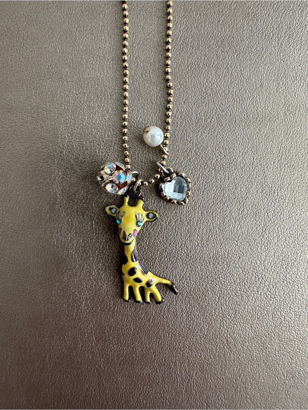 Betsey Johnson Enamel Giraffe Pearl Heart Crystal Charm Ball Chain Necklace